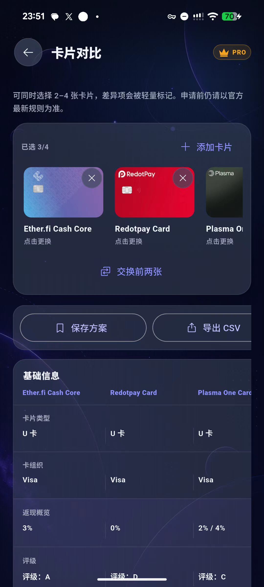 CardFi App 的多张卡片对比界面
